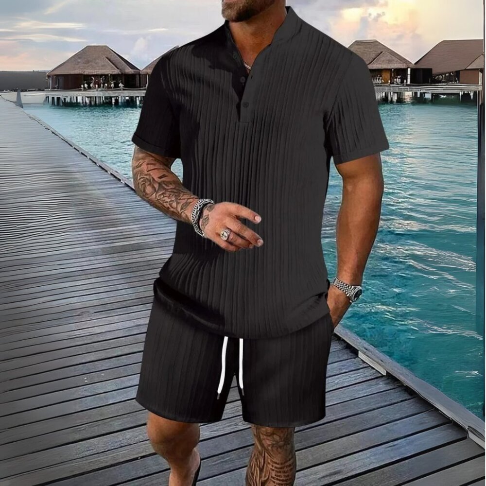 Men's Black Short Sleeve Polo Top & Shorts Resort Outfit
